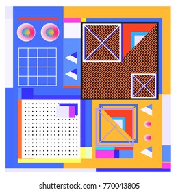 Trendy geometric elements memphis colorful and glowing design. Retro 90’s style texture, pattern and elements. Modern abstract background design and cover template.