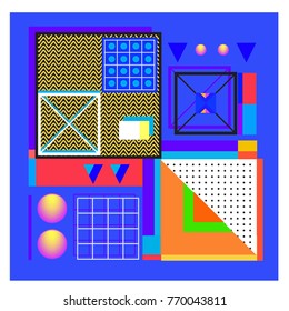 Trendy geometric elements memphis colorful and glowing design. Retro 90’s style texture, pattern and elements. Modern abstract background design and cover template.