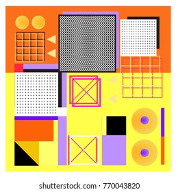 Trendy geometric elements memphis colorful and glowing design. Retro 90’s style texture, pattern and elements. Modern abstract background design and cover template.