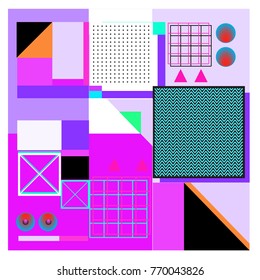 Trendy geometric elements memphis colorful and glowing design. Retro 90’s style texture, pattern and elements. Modern abstract background design and cover template.