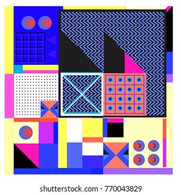 Trendy geometric elements memphis colorful and glowing design. Retro 90’s style texture, pattern and elements. Modern abstract background design and cover template.