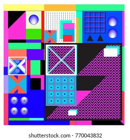 Trendy geometric elements memphis colorful and glowing design. Retro 90’s style texture, pattern and elements. Modern abstract background design and cover template.