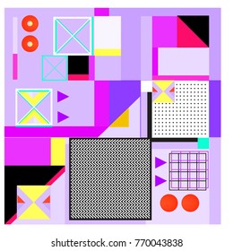 Trendy geometric elements memphis colorful and glowing design. Retro 90’s style texture, pattern and elements. Modern abstract background design and cover template.