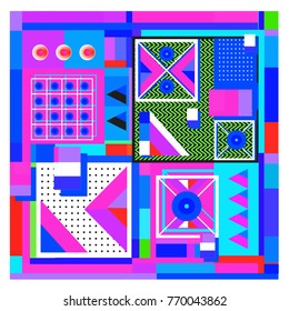 Trendy geometric elements memphis colorful and glowing design. Retro 90’s style texture, pattern and elements. Modern abstract background design and cover template.