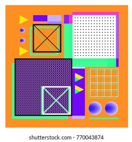 Trendy geometric elements memphis colorful and glowing design. Retro 90’s style texture, pattern and elements. Modern abstract background design and cover template.