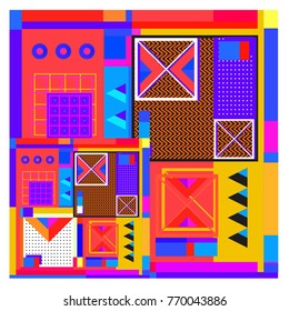 Trendy geometric elements memphis colorful and glowing design. Retro 90’s style texture, pattern and elements. Modern abstract background design and cover template.