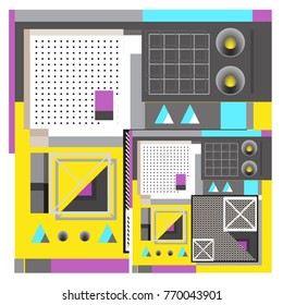 Trendy geometric elements memphis colorful and glowing design. Retro 90’s style texture, pattern and elements. Modern abstract background design and cover template.