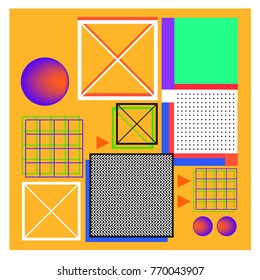 Trendy geometric elements memphis colorful and glowing design. Retro 90’s style texture, pattern and elements. Modern abstract background design and cover template.