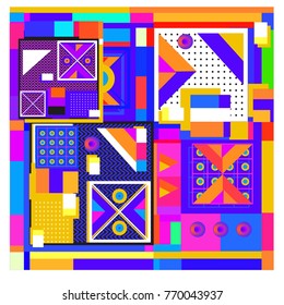 Trendy geometric elements memphis colorful and glowing design. Retro 90’s style texture, pattern and elements. Modern abstract background design and cover template.