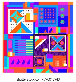 Trendy geometric elements memphis colorful and glowing design. Retro 90’s style texture, pattern and elements. Modern abstract background design and cover template.