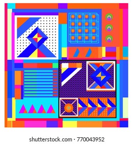 Trendy geometric elements memphis colorful and glowing design. Retro 90’s style texture, pattern and elements. Modern abstract background design and cover template.