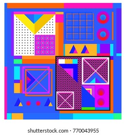 Trendy geometric elements memphis colorful and glowing design. Retro 90’s style texture, pattern and elements. Modern abstract background design and cover template.