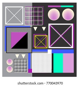 Trendy geometric elements memphis colorful and glowing design. Retro 90’s style texture, pattern and elements. Modern abstract background design and cover template.