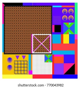 Trendy geometric elements memphis colorful and glowing design. Retro 90’s style texture, pattern and elements. Modern abstract background design and cover template.