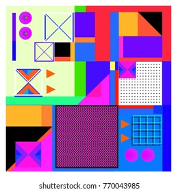 Trendy geometric elements memphis colorful and glowing design. Retro 90’s style texture, pattern and elements. Modern abstract background design and cover template.