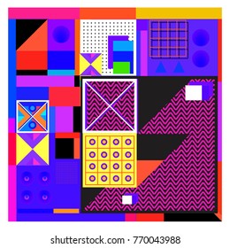 Trendy geometric elements memphis colorful and glowing design. Retro 90’s style texture, pattern and elements. Modern abstract background design and cover template.