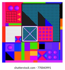 Trendy geometric elements memphis colorful and glowing design. Retro 90’s style texture, pattern and elements. Modern abstract background design and cover template.