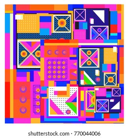 Trendy geometric elements memphis colorful and glowing design. Retro 90’s style texture, pattern and elements. Modern abstract background design and cover template.