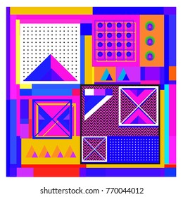 Trendy geometric elements memphis colorful and glowing design. Retro 90’s style texture, pattern and elements. Modern abstract background design and cover template.