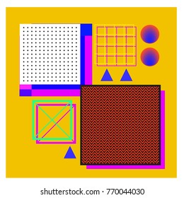 Trendy geometric elements memphis colorful and glowing design. Retro 90’s style texture, pattern and elements. Modern abstract background design and cover template.