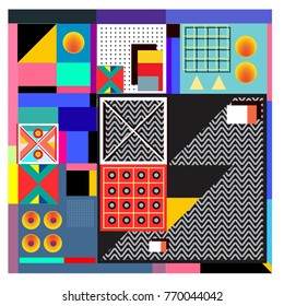 Trendy geometric elements memphis colorful and glowing design. Retro 90’s style texture, pattern and elements. Modern abstract background design and cover template.