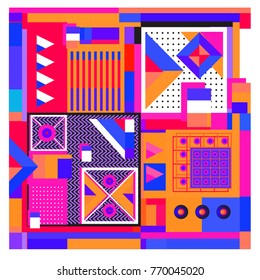 Trendy geometric elements memphis colorful and glowing design. Retro 90’s style texture, pattern and elements. Modern abstract background design and cover template.