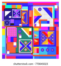 Trendy geometric elements memphis colorful and glowing design. Retro 90’s style texture, pattern and elements. Modern abstract background design and cover template.