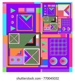 Trendy geometric elements memphis colorful and glowing design. Retro 90’s style texture, pattern and elements. Modern abstract background design and cover template.