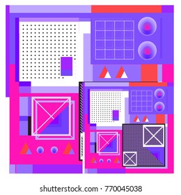 Trendy geometric elements memphis colorful and glowing design. Retro 90’s style texture, pattern and elements. Modern abstract background design and cover template.