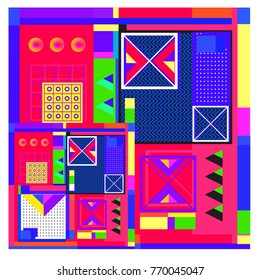 Trendy geometric elements memphis colorful and glowing design. Retro 90’s style texture, pattern and elements. Modern abstract background design and cover template.
