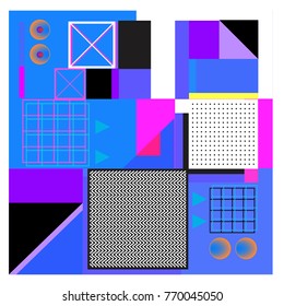 Trendy geometric elements memphis colorful and glowing design. Retro 90’s style texture, pattern and elements. Modern abstract background design and cover template.