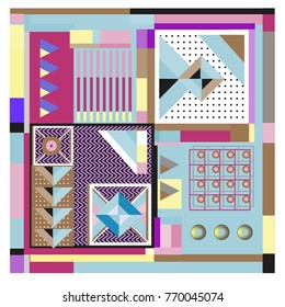 Trendy geometric elements memphis colorful and glowing design. Retro 90’s style texture, pattern and elements. Modern abstract background design and cover template.