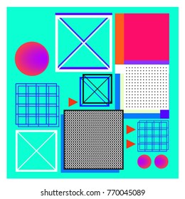 Trendy geometric elements memphis colorful and glowing design. Retro 90’s style texture, pattern and elements. Modern abstract background design and cover template.