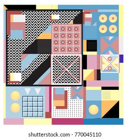 Trendy geometric elements memphis colorful and glowing design. Retro 90’s style texture, pattern and elements. Modern abstract background design and cover template.