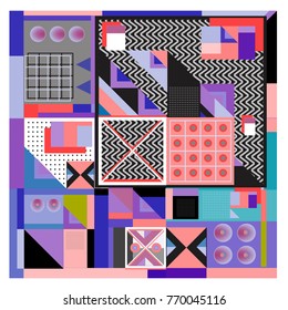 Trendy geometric elements memphis colorful and glowing design. Retro 90’s style texture, pattern and elements. Modern abstract background design and cover template.