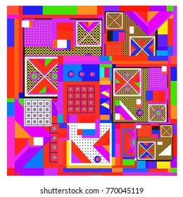 Trendy geometric elements memphis colorful and glowing design. Retro 90’s style texture, pattern and elements. Modern abstract background design and cover template.