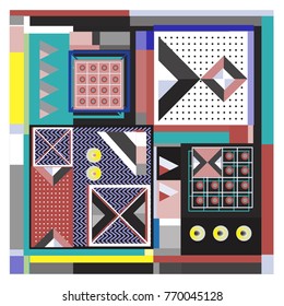 Trendy geometric elements memphis colorful and glowing design. Retro 90’s style texture, pattern and elements. Modern abstract background design and cover template.