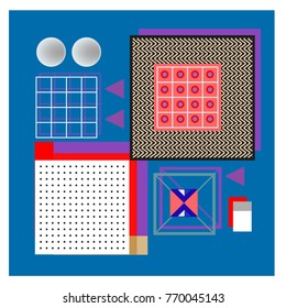 Trendy geometric elements memphis colorful and glowing design. Retro 90’s style texture, pattern and elements. Modern abstract background design and cover template.
