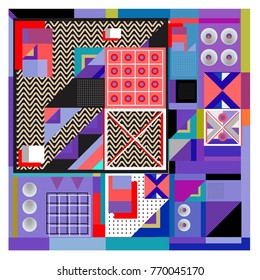 Trendy geometric elements memphis colorful and glowing design. Retro 90’s style texture, pattern and elements. Modern abstract background design and cover template.