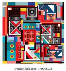 Trendy geometric elements memphis colorful and glowing design. Retro 90’s style texture, pattern and elements. Modern abstract background design and cover template.