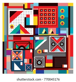 Trendy geometric elements memphis colorful and glowing design. Retro 90’s style texture, pattern and elements. Modern abstract background design and cover template.