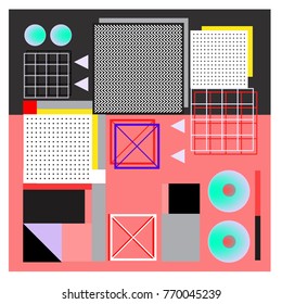 Trendy geometric elements memphis colorful and glowing design. Retro 90’s style texture, pattern and elements. Modern abstract background design and cover template.