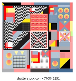 Trendy geometric elements memphis colorful and glowing design. Retro 90’s style texture, pattern and elements. Modern abstract background design and cover template.