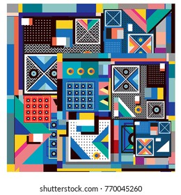 Trendy geometric elements memphis colorful and glowing design. Retro 90’s style texture, pattern and elements. Modern abstract background design and cover template.