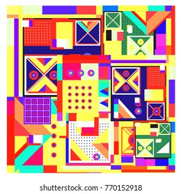 Trendy geometric elements memphis colorful and glowing design. Retro 90’s style texture, pattern and elements. Modern abstract background design and cover template.