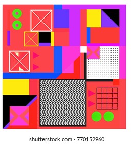 Trendy geometric elements memphis colorful and glowing design. Retro 90’s style texture, pattern and elements. Modern abstract background design and cover template.