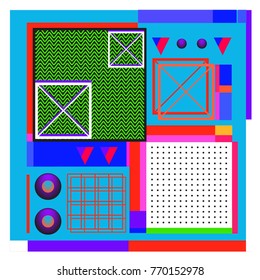 Trendy geometric elements memphis colorful and glowing design. Retro 90’s style texture, pattern and elements. Modern abstract background design and cover template.