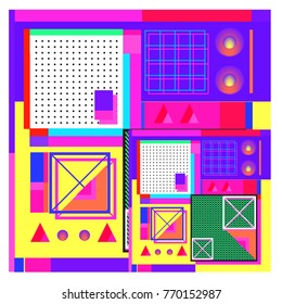 Trendy geometric elements memphis colorful and glowing design. Retro 90’s style texture, pattern and elements. Modern abstract background design and cover template.