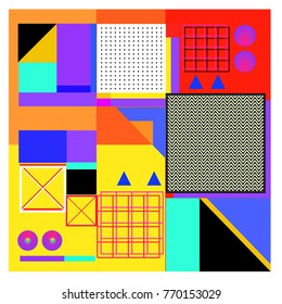 Trendy geometric elements memphis colorful and glowing design. Retro 90’s style texture, pattern and elements. Modern abstract background design and cover template.