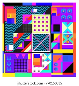 Trendy geometric elements memphis colorful and glowing design. Retro 90’s style texture, pattern and elements. Modern abstract background design and cover template.